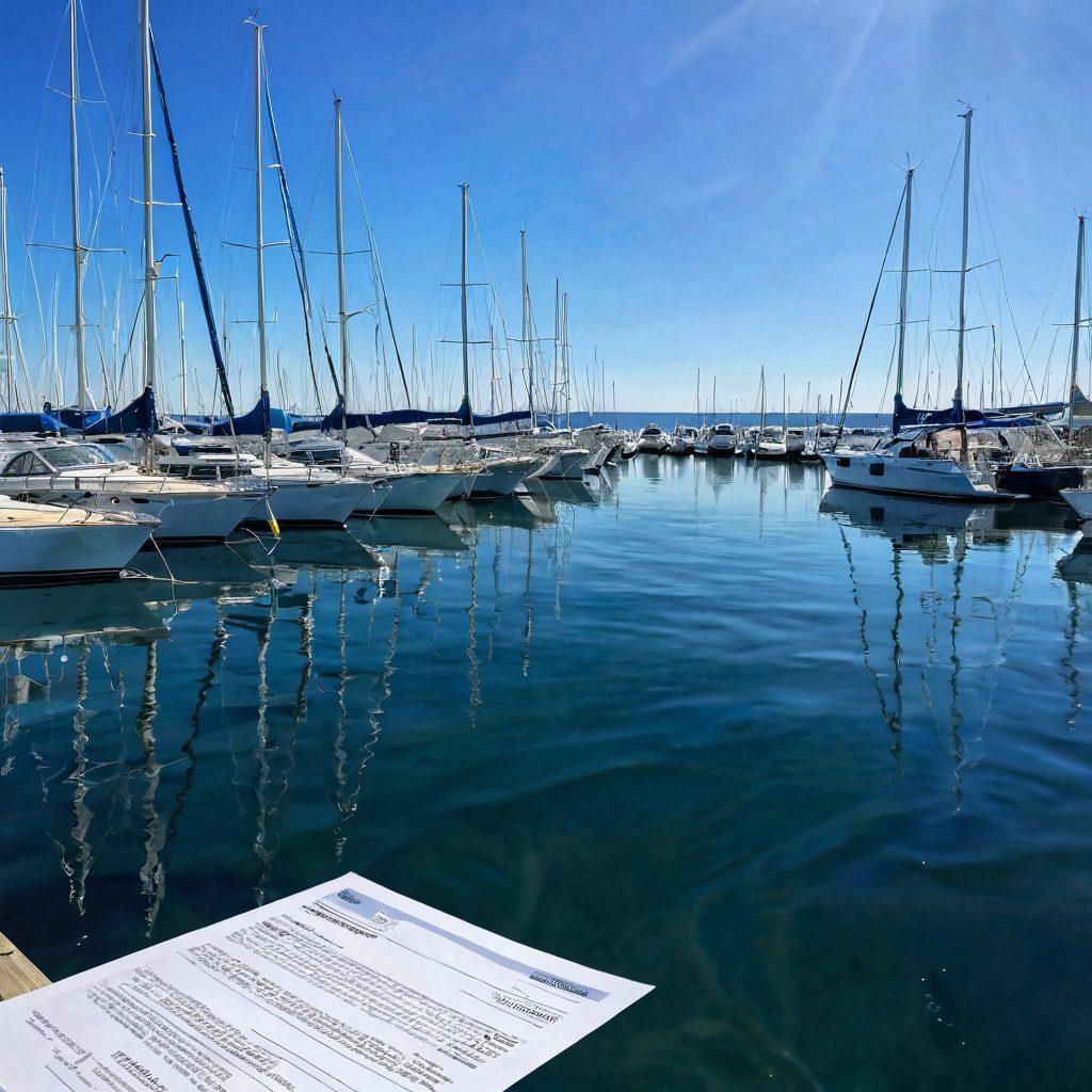 A serene marina scene showcasing a variety of sailboats and luxurious yachts moored side-by-side under a clear blue sky. Include a detailed focus on a close-up of a satisfied boat owner examining an insurance policy document, symbolizing tailored coverage. In the background, light ripples on the water add to the peace of the setting, while a distant lighthouse stands as a token of safety. super-realistic. vibrant colors. daytime.