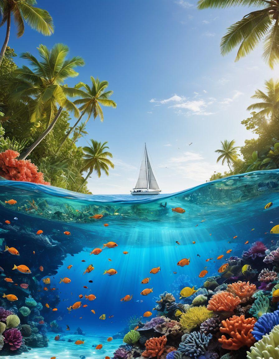 A serene ocean scene showcasing different types of marine life, including colorful fish, coral reefs, and a majestic sailboat on the horizon. Overlay translucent illustrations of insurance documents and coverage options floating gently above the water to evoke the theme of protection. The water should have a shimmering effect, reflecting the sunlight, enhancing the tranquil atmosphere. The color palette should be vibrant with blues, greens, and coral hues. super-realistic. vibrant colors. white background.