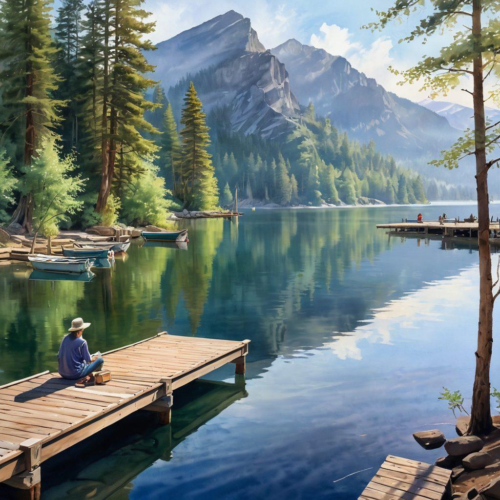A serene lake with various types of boats docked along a wooden pier. In the foreground, a thoughtful person reviews paperwork while looking out at the water, deep in contemplation. Soft sunlight reflects off the water’s surface, creating a peaceful atmosphere. Surrounding trees and distant mountains provide a magnificent backdrop, suggesting adventure and tranquility. watercolor painting. soft pastel colors.